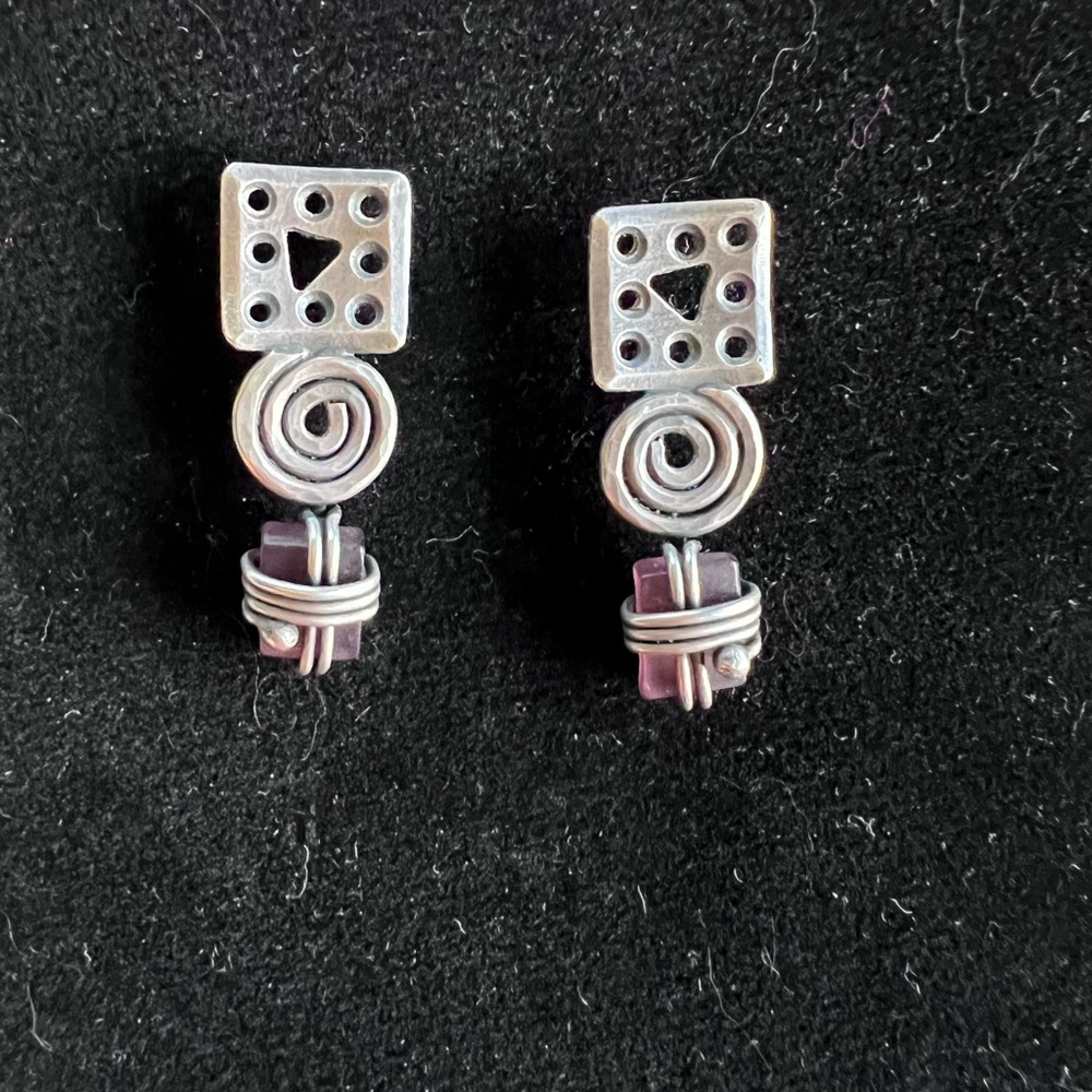 Artisan Silver-Tone Spiral Drop Earrings with Purple Accent Bead